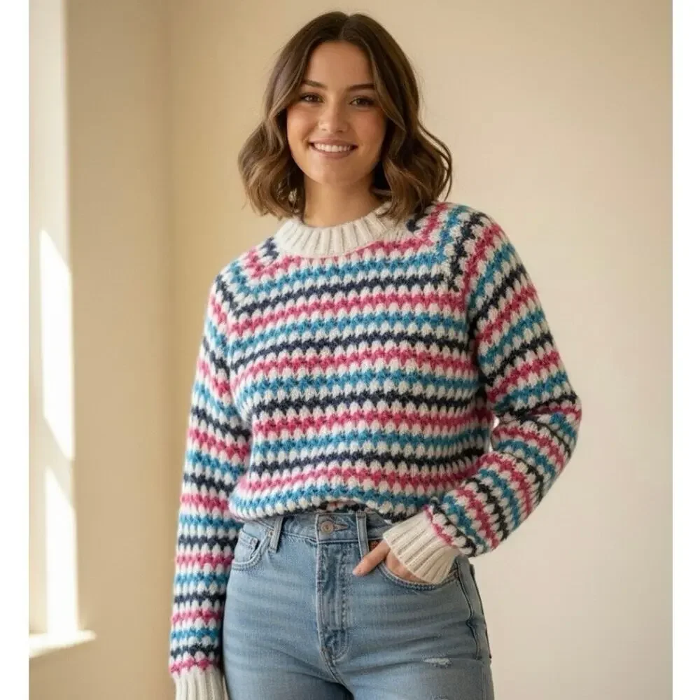 Zara NWT Chunky White Blue Pink Striped Knit Crewneck Pullover Sweater Medium - Picture 3 of 16